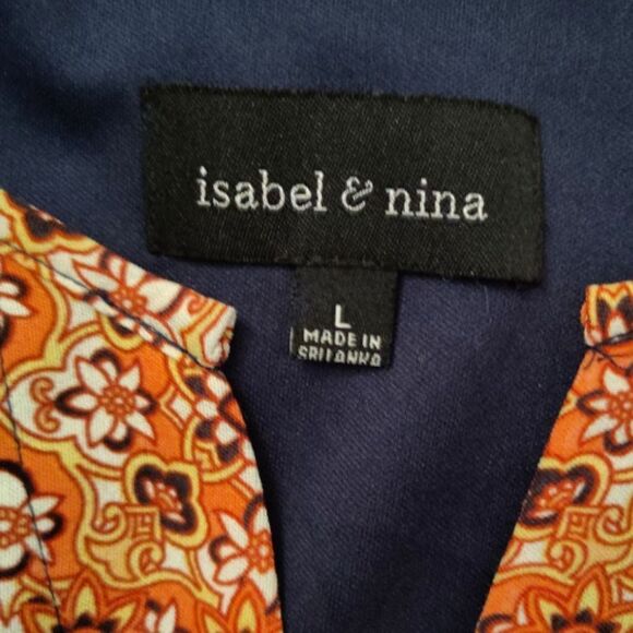 Isabel & Nina Navy Blue Red Multi Printed Short Sleeve Midi Tiered Dress Large - Picture 11 of 14
